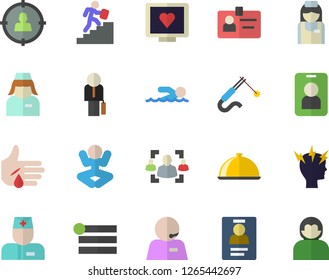 Color flat icon set dish flat vector, welding, target audience, computer diagnostics of health, physician, injury, headache, nurse, recruitment, badge, phone operator, businessman, career ladder