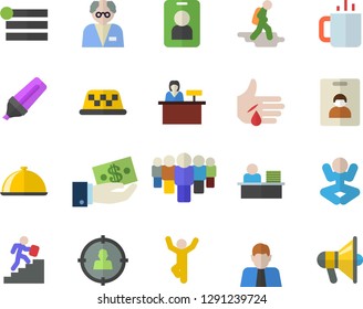 Color flat icon set dish flat vector, tea, person, target audience, marker, investments, team, injury, office worker, career ladder, scientist, yoga, gymnastics, indentity card fector, hike, pass