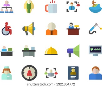 Color flat icon set dish flat vector, tea, welding, person, target audience, computer diagnostics of health, disabled, nurse, recruitment, badge, office worker, hierarchy, lose weight, mouthpiece