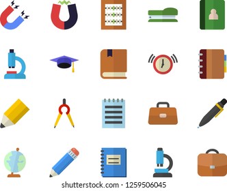 Color flat icon set dividers flat vector, microscope, briefcase, notebook, abacus, pencil, pen, stapler, notepad, globe, bachelor cap, textbook, magnet, alarm clock