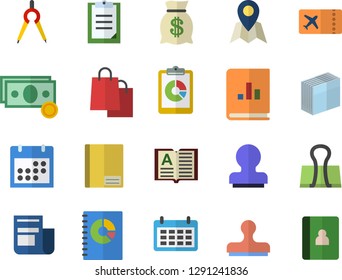 Color flat icon set dividers flat vector, graphic report, cash, wealth, calendar, bags, news, book balance accounting, clipboard, notebook, sticker, stamp, ticket fector, location, binder clip