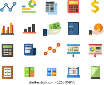 Color flat icon set dollar flat vector, investments, statistics, scatter chart, news, calculator, statistic, abacus, presentaition board, safe fector, mobile