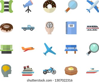 Color flat icon set donut flat vector, pancakes, pickup truck, bench, magnifier, notebook, telescope, brain fector, carpal expander, aircraft, train, motorcycle, cruise ship, yacht