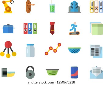 Color flat icon set door lock flat vector, saucepan, colander, glass jar, lemonade, soda, robotics, hierarchy, scatter chart, news, office building, sticker, folder, tie, folders for papers, weight