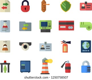 Color flat icon set door lock flat vector, lighthouse, credit card, badge, whistle, indentity fector, control gate, passport, cash dispenser, surveillance camera, security, safe, file sharing