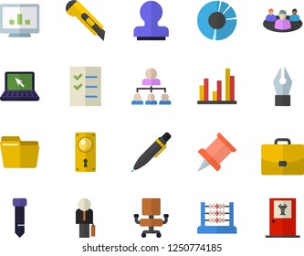 Color flat icon set door lock flat vector, stationery knife, case, computer chart, statistic, clircle diagram, file, abacus, ink pen, office chair, to do list, tie, hierarchy, laptop, stamp, pushpin