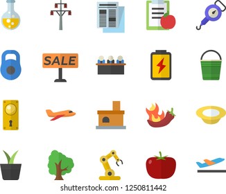 Color flat icon set door lock flat vector, spring balance, tomato, dish, hot peppers, home plant, tree, bucketful, fireplace, battery, chemistry, power line support, news, sell out, meeting, weight