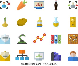 Color flat icon set door lock flat vector, potato, onion, carrot, lemonade, paint brush, robotics, hierarchy, scatter chart, medical analysis, computer, office building, recruitment, folder, message