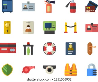 Color flat icon set door lock flat vector, credit card, badge, whistle, indentity fector, VIP area, control gate, cash dispenser, surveillance camera, security, safe, life vest, lifebuoy