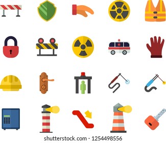 Color flat icon set door lock flat vector, hard hat, barrier, potholder, gloves, radiation, welding, lighthouse, ambulance, escalator fector, control gate, security, safe, life vest, key