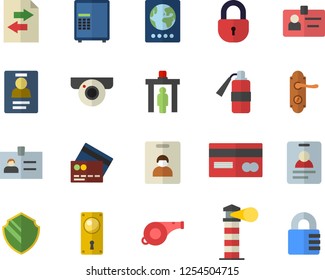 Color flat icon set door lock flat vector, lighthouse, credit card, badge, whistle, indentity fector, control gate, passport, surveillance camera, security, safe, file sharing, fire extinguisher