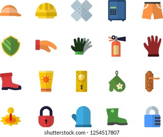 Color flat icon set door lock flat vector, hard hat, potholder, gumboots, gloves, laser, patch, athletic shorts, sun protection cream fector, security, safe, fire extinguisher