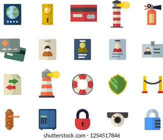 Color flat icon set door lock flat vector, lighthouse, credit card, badge, indentity fector, VIP area, passport, surveillance camera, security, safe, lifebuoy, file sharing, fire extinguisher