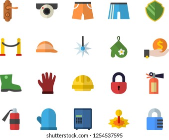 Color flat icon set door lock flat vector, hard hat, potholder, gumboots, gloves, laser, investments, athletic shorts, VIP area fector, surveillance camera, security, safe, fire extinguisher