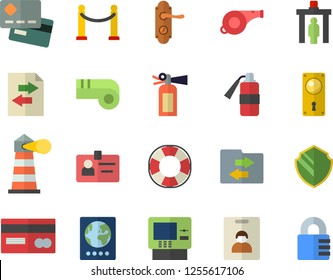 Color flat icon set door lock flat vector, lighthouse, credit card, badge, whistle, indentity fector, VIP area, control gate, passport, cash dispenser, security, lifebuoy, file sharing