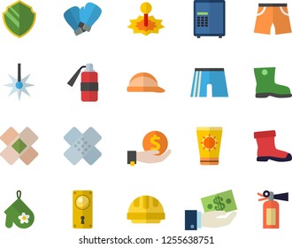 Color flat icon set door lock flat vector, hard hat, potholder, gumboots, laser, investments, patch, athletic shorts, boxing gloves, sun protection cream fector, security, safe, fire extinguisher