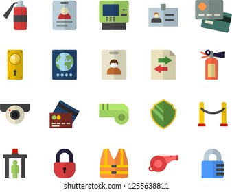 Color flat icon set door lock flat vector, credit card, whistle, indentity fector, VIP area, control gate, passport, cash dispenser, surveillance camera, security, life vest, file sharing, badge