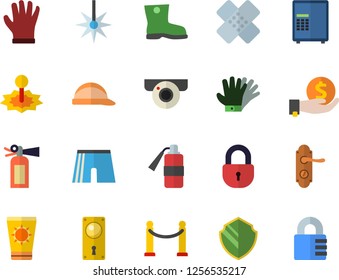 Color flat icon set door lock flat vector, hard hat, gumboots, gloves, laser, investments, patch, athletic shorts, VIP area fector, sun protection cream, surveillance camera, security, safe