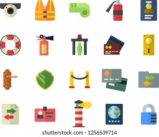 Color flat icon set door lock flat vector, lighthouse, credit card, badge, whistle, VIP area fector, control gate, passport, surveillance camera, security, life vest, lifebuoy, file sharing