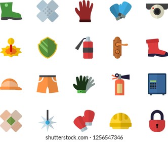 Color flat icon set door lock flat vector, hard hat, gumboots, gloves, laser, patch, athletic shorts, boxing, surveillance camera fector, security, safe, fire extinguisher