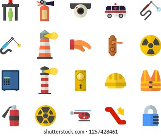 Color flat icon set door lock flat vector, hard hat, potholder, radiation, welding, lighthouse, ambulance, helicopter, escalator fector, control gate, surveillance camera, safe, life vest