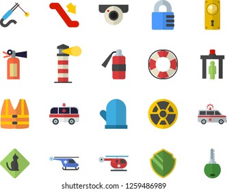 Color flat icon set door lock flat vector, potholder, radiation, welding, lighthouse, ambulance, helicopter, escalator fector, control gate, pets allowed, surveillance camera, security, life vest