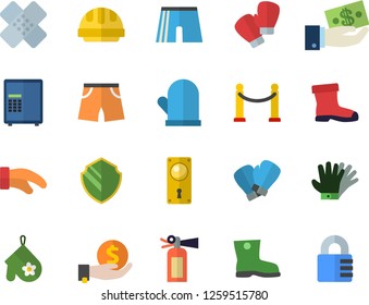 Color flat icon set door lock flat vector, hard hat, potholder, gumboots, gloves, investments, patch, athletic shorts, boxing, VIP area fector, security, safe, fire extinguisher