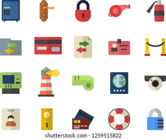 Color flat icon set door lock flat vector, lighthouse, credit card, badge, whistle, indentity fector, VIP area, passport, cash dispenser, surveillance camera, safe, lifebuoy, file sharing