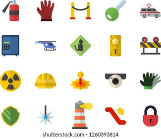 Color flat icon set door lock flat vector, hard hat, barrier, gloves, radiation, laser, lighthouse, ambulance, helicopter, VIP area fector, escalator, pets allowed, surveillance camera, security