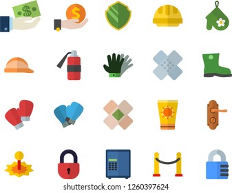 Color flat icon set door lock flat vector, hard hat, potholder, gumboots, gloves, laser, investments, patch, boxing, VIP area fector, sun protection cream, security, safe, fire extinguisher