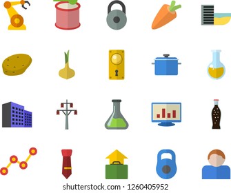 Color flat icon set door lock flat vector, saucepan, potato, onion, carrot, lemonade, chemistry, power line support, robotics, scatter chart, medical analysis, computer, office building, tie, weight