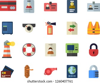 Color flat icon set door lock flat vector, lighthouse, credit card, badge, whistle, indentity fector, passport, cash dispenser, surveillance camera, safe, life vest, lifebuoy, file sharing