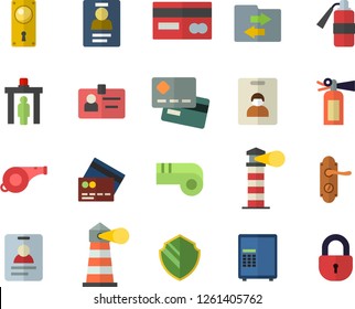 Color flat icon set door lock flat vector, lighthouse, credit card, badge, whistle, indentity fector, control gate, security, safe, file sharing, fire extinguisher