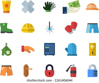 Color flat icon set door lock flat vector, hard hat, potholder, gumboots, gloves, laser, investments, patch, athletic shorts, boxing, sun protection cream fector, safe, fire extinguisher