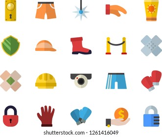 Color flat icon set door lock flat vector, hard hat, potholder, gumboots, gloves, laser, investments, patch, athletic shorts, boxing, VIP area fector, sun protection cream, surveillance camera