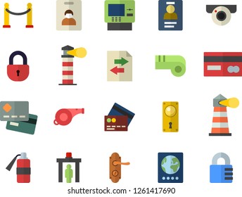Color flat icon set door lock flat vector, lighthouse, credit card, badge, whistle, indentity fector, VIP area, control gate, passport, cash dispenser, surveillance camera, file sharing