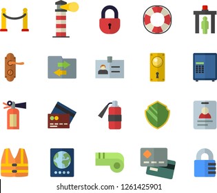 Color flat icon set door lock flat vector, lighthouse, credit card, whistle, VIP area fector, control gate, passport, security, safe, life vest, lifebuoy, file sharing, badge, fire extinguisher
