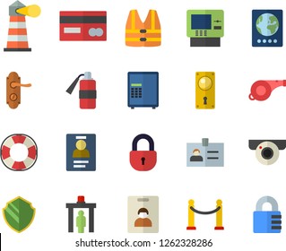 Color flat icon set door lock flat vector, lighthouse, credit card, badge, whistle, indentity fector, VIP area, control gate, passport, cash dispenser, surveillance camera, security, safe, life vest