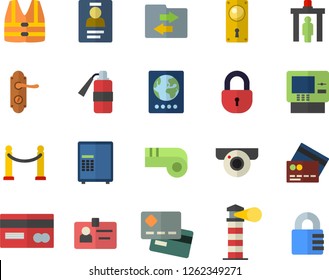 Color flat icon set door lock flat vector, lighthouse, credit card, badge, whistle, VIP area fector, control gate, passport, cash dispenser, surveillance camera, safe, life vest, file sharing