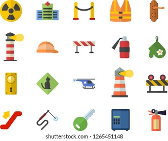 Color flat icon set door lock flat vector, hard hat, barrier, potholder, radiation, welding, lighthouse, helicopter, VIP area fector, escalator, hospital, pets allowed, safe, key, life vest
