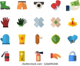 Color flat icon set door lock flat vector, potholder, gumboots, gloves, laser, investments, patch, athletic shorts, boxing, sun protection cream fector, surveillance camera, security