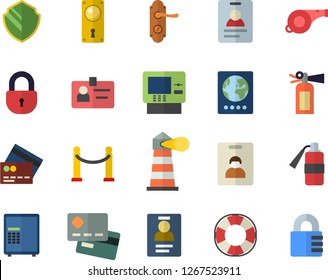 Color flat icon set door lock flat vector, lighthouse, credit card, badge, whistle, indentity fector, VIP area, passport, cash dispenser, security, safe, lifebuoy, fire extinguisher