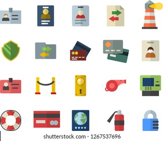Color flat icon set door lock flat vector, lighthouse, credit card, badge, whistle, indentity fector, VIP area, passport, cash dispenser, security, lifebuoy, file sharing, fire extinguisher