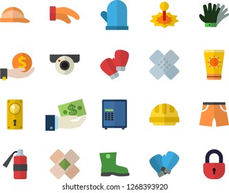 Color flat icon set door lock flat vector, hard hat, potholder, gumboots, gloves, laser, investments, patch, athletic shorts, boxing, sun protection cream fector, surveillance camera, safe