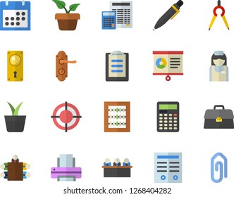 Color flat icon set door lock flat vector, calculator, home plant, dividers, nurse, clipboard, calendar, briefcase, chart, abacus, target, meeting, printer, contract, pen, clip