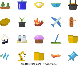 Color flat icon set door lock flat vector, measure, colander, spice, potato, cupcake, dish, hot peppers, fish rolls, home plant, bucketful, forest, metallurgy, computer file, industrial robot