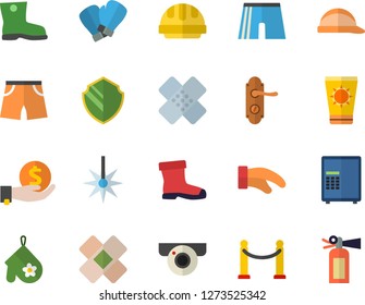 Color flat icon set door lock flat vector, hard hat, potholder, gumboots, laser, investments, patch, athletic shorts, boxing gloves, VIP area fector, sun protection cream, surveillance camera, safe