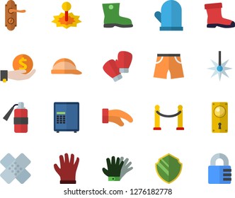 Color flat icon set door lock flat vector, hard hat, potholder, gumboots, gloves, laser, investments, patch, athletic shorts, boxing, VIP area fector, security, safe, fire extinguisher