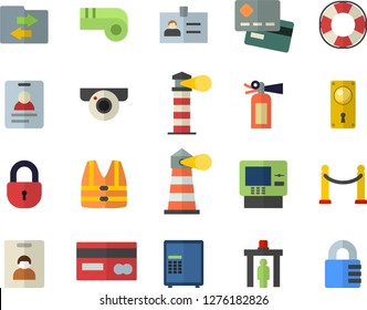 Color flat icon set door lock flat vector, lighthouse, credit card, whistle, indentity fector, VIP area, control gate, cash dispenser, surveillance camera, safe, life vest, lifebuoy, file sharing