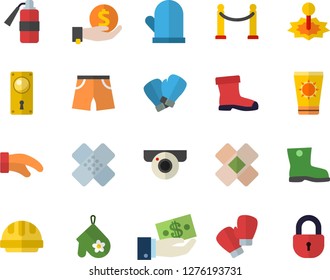 Color flat icon set door lock flat vector, hard hat, potholder, gumboots, laser, investments, patch, athletic shorts, boxing gloves, VIP area fector, sun protection cream, surveillance camera